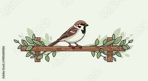 A brown bird with white markings sits on a wooden fence entwined with green leaves