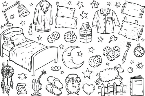 Cozy bedtime essentials and sleepy night routine illustrations in black and white