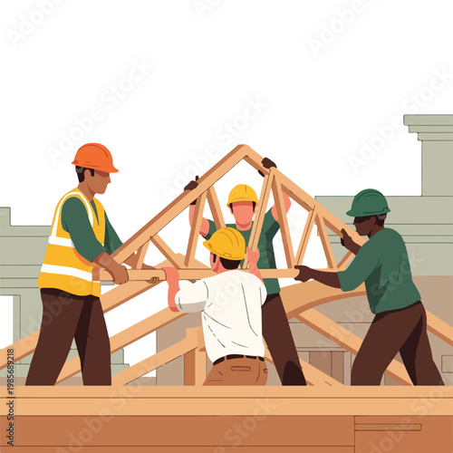 Four construction workers in hard hats lift a wooden roof truss on a site