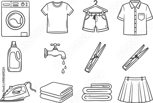 Hand drawn laundry icons for washing drying and ironing clothes