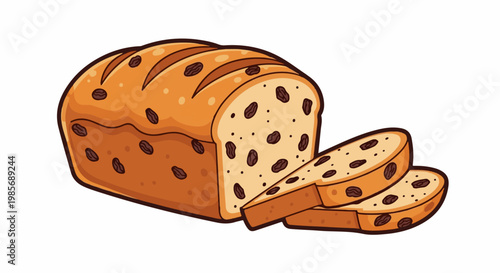 A cartoon loaf of raisin bread with three sliced pieces