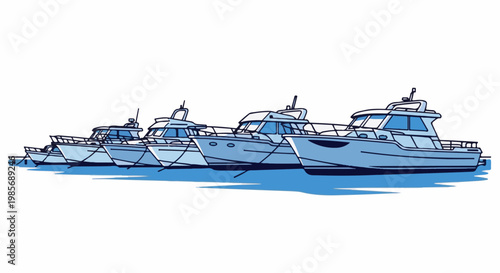 A line of sleek, modern yachts docked in calm blue water