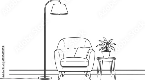 Cozy armchair and floor lamp sketch in a minimalist room