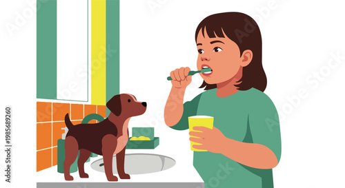 A young girl brushes her teeth at a bathroom sink while her dog watches nearby
