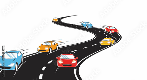 Multiple colorful cars driving on a winding asphalt road
