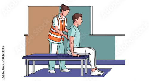 A healthcare worker in a safety vest assists a man sitting on a medical bench