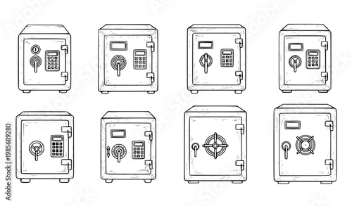 Hand Drawn Secure Safe Storage Collection Set of Vaults and Money Safes Line Art Vector Illustration on White Background