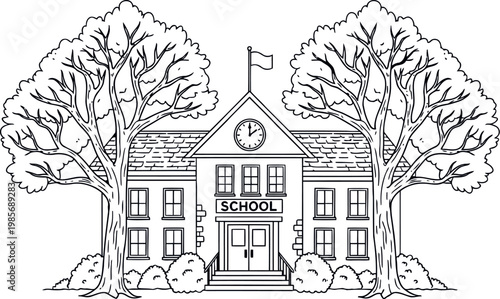 Classic school building with large trees and flag illustration