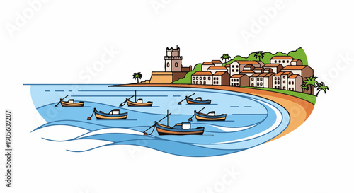 A quaint coastal village with boats moored in a calm bay