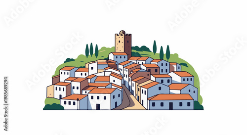 Hilltop village with a central tower and terracotta-roofed houses