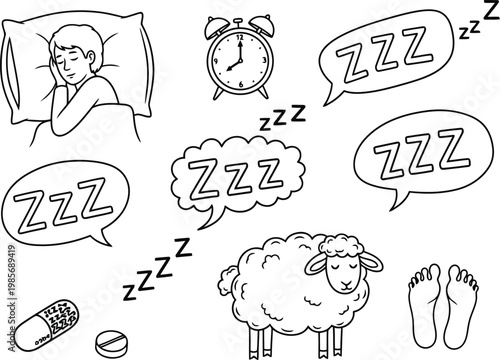 Hand drawn illustration of sleep elements and a person resting