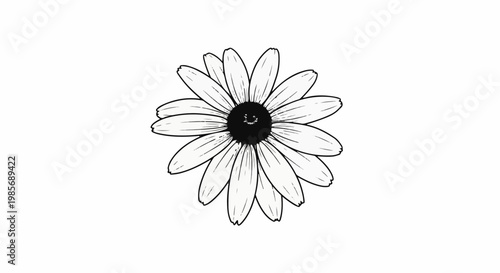 Black and white sketch of a blooming daisy flower with detailed petals