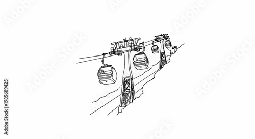 Black and white line drawing of a ski lift with cabins on a steep slope