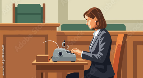 A court reporter in a business suit transcribes proceedings at a stenotype machine