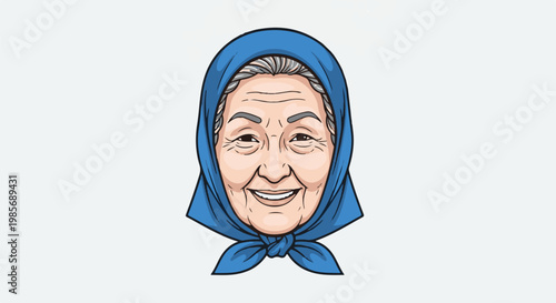 Cartoon portrait of a smiling elderly woman with a blue headscarf