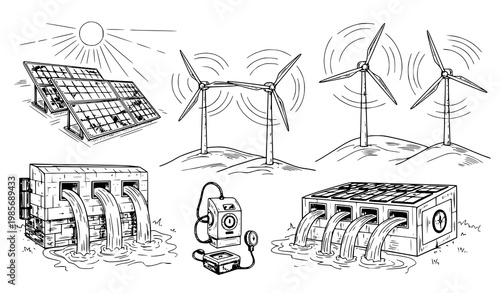 Hand Drawn Renewable Energy Technologies Set Including Solar Wind and Water Power Systems Vector Sketch Collection on White Background