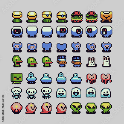 Pixel art character sprite set in retro 8-bit style, cute monsters, heroes and side-view avatars with multiple directions for game animation, RPG characters and platformer assets.