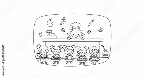 Cheerful children enjoy school lunch served by a smiling sun chef