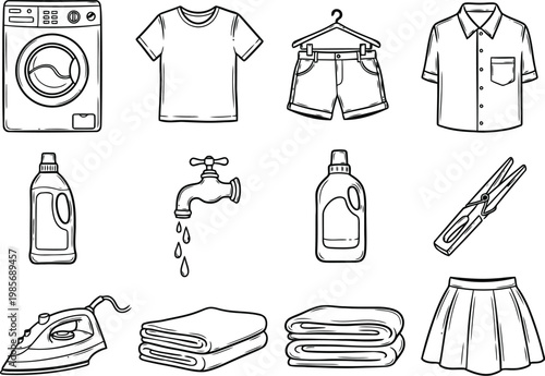 Hand drawn laundry items and washing machine illustration collection