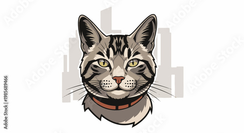 Close-up illustration of a tabby cat's face with yellow eyes and collar