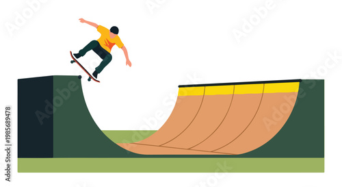 A skater performs an aerial trick above a halfpipe ramp against a white background