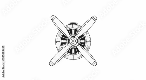 Detailed line art of a four-bladed propeller from a vintage aircraft
