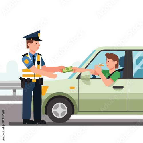A police officer accepts a bribe from a driver stopped in a car on the road