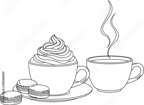 Steaming coffee and whipped cream drink with pastries