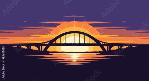Pixelated arch bridge over reflective water at vibrant sunset
