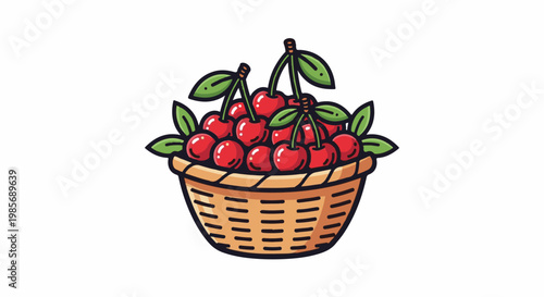 A woven basket overflowing with plump, ripe red cherries and green leaves