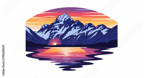 Pixel art mountains at sunrise reflected in water