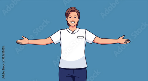 A smiling healthcare professional in a white uniform with arms wide open to hug