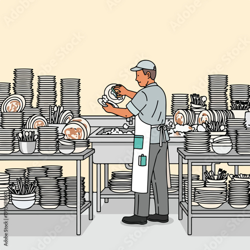 A worker in an apron standing at a sink washing piles of dirty dishes and bowls