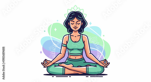 Serene woman meditating in lotus pose with calming pastel mandala background
