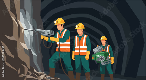 Miners with safety gear drilling into a dark rock face inside a deep tunnel