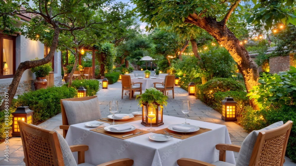 Obraz premium Outdoor dining area in lush garden at dusk
