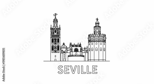 Stylized line art silhouette of Seville landmarks, including towers and cathedral