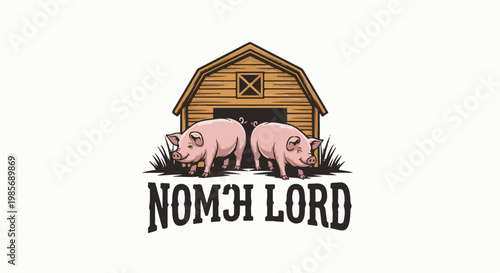 Two happy pigs stand in front of a wooden barn with text below
