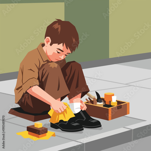A young boy sitting on the pavement, diligently polishing a pair of black shoes