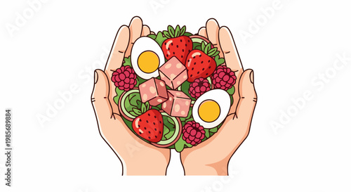 Two cupped hands present a colorful salad with fruits and protein
