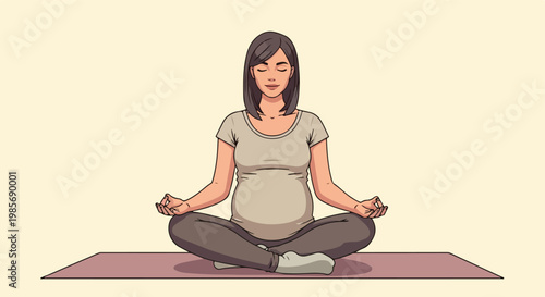 A calm pregnant woman sitting in a lotus position on a yoga mat during exercise