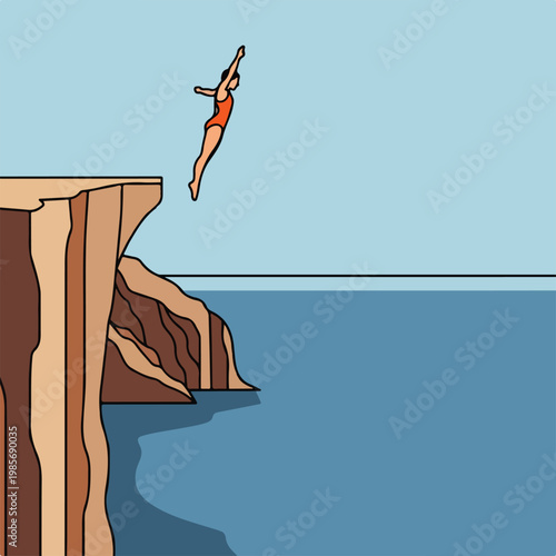 A person in a swimsuit dives from a high cliff into the ocean below