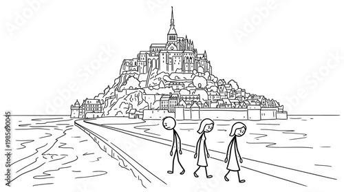 Tourists Walking Towards Mont Saint-Michel
