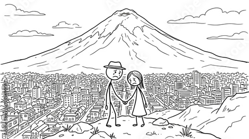 Couple Holds Hands Over Cityscape With Mount Fuji