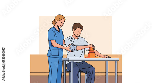 A female physical therapist assists a male patient with arm recovery exercises
