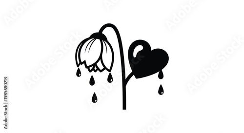 A drooping flower with teardrops and a heart shape creating a melancholic botanical illustration silhouette high quality professional