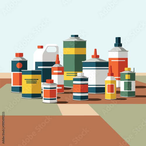 A collection of colorful industrial paint cans and bottles on a tiled surface