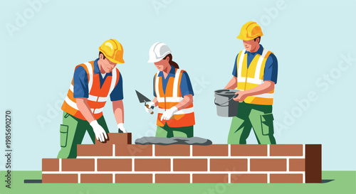 Three construction workers in safety gear building a brick wall on a project site