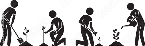 Silhouette illustration of volunteers planting saplings and watering young trees in a row