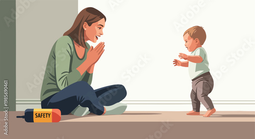 Mother sits on the floor encouraging her toddler to take their first steps home